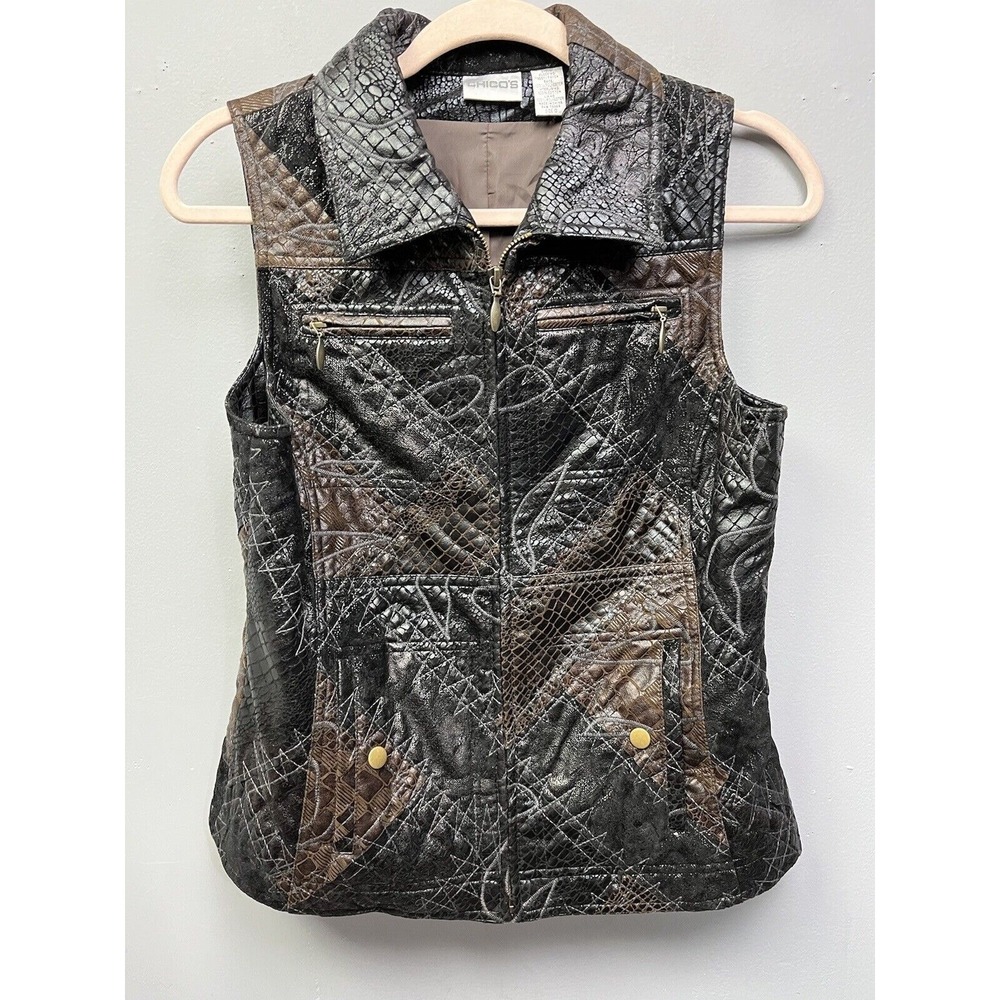 Chico's Brown Faux Leather Vest Womens size Small 0 Embroidered Zip Front